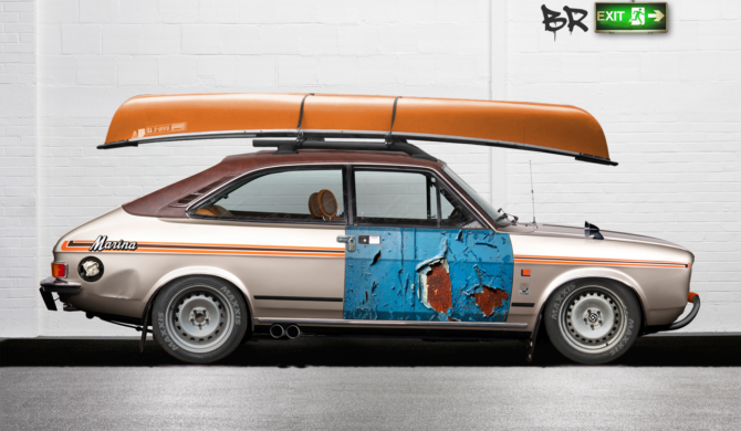 Morris Marina Coupé with Kayak ADO28 photoshop Brexit by Sebastian Motsch